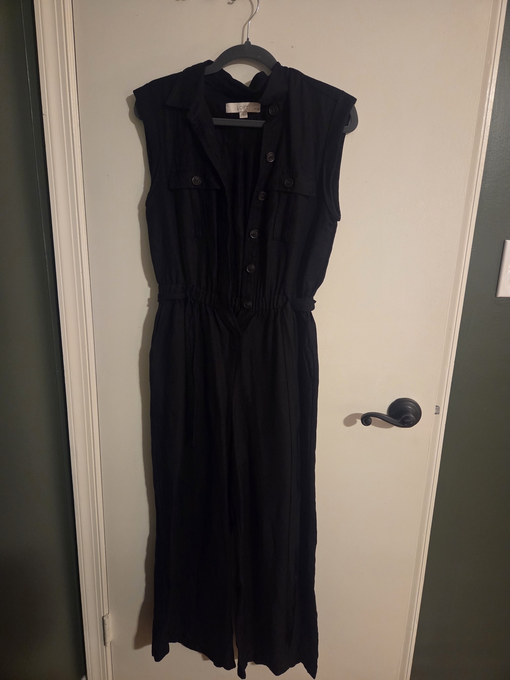 LOFT Black Sleeveless Button-Front Jumpsuit